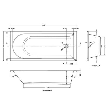 [BBCAS182] Round Single Ended Bath, 1800 x 800mm, White - Technical Drawing