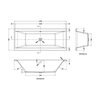 [BBDE006] Square DE Bath with Leg Set 1700x700 EL - Technical Drawing