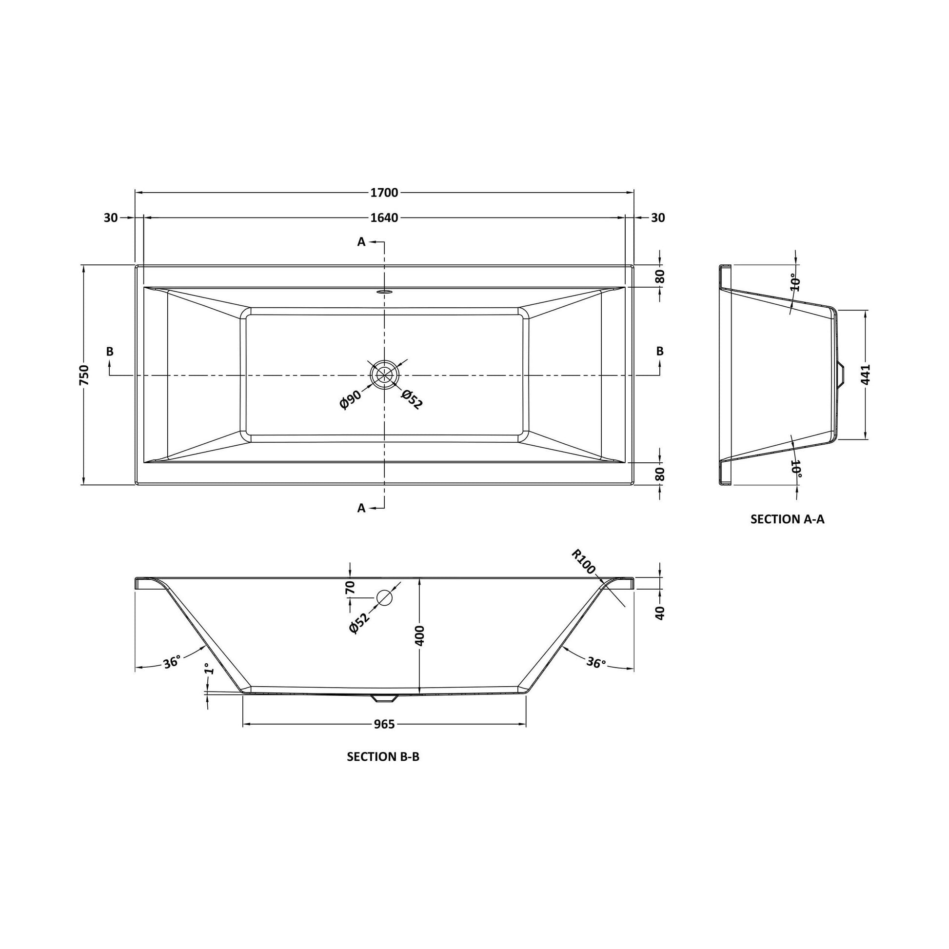 [BBDE007] Square DE Bath with Leg Set 1700x750 EL - Technical Drawing
