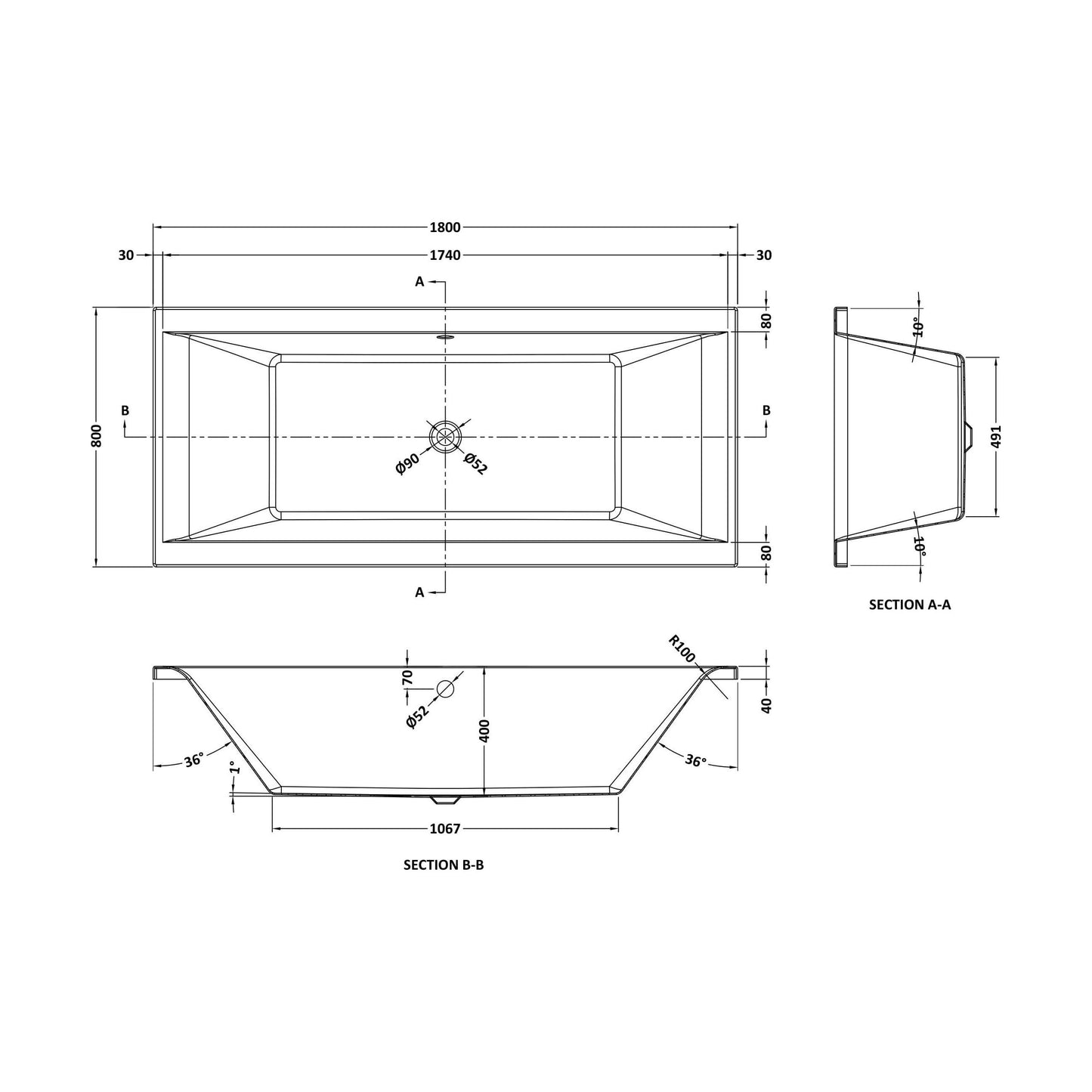 [BBDE008] Square DE Bath with Leg Set 1800x800 EL - Technical Drawing