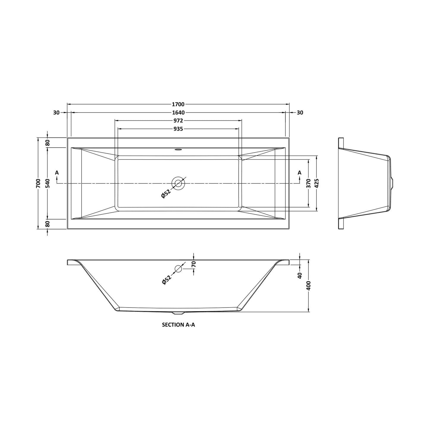 [BBDE209NL] Square Double Ended Bath 1700x700 - Technical Drawing