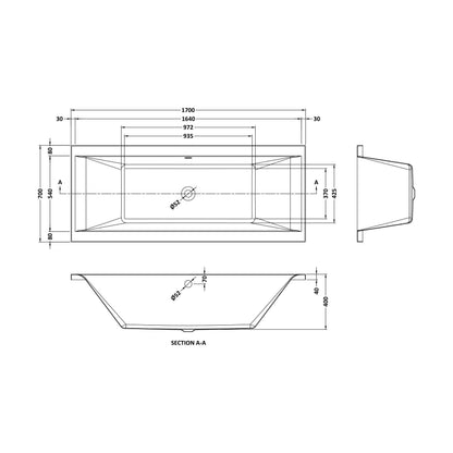 [BBDE209NL] Square Double Ended Bath 1700x700 - Technical Drawing