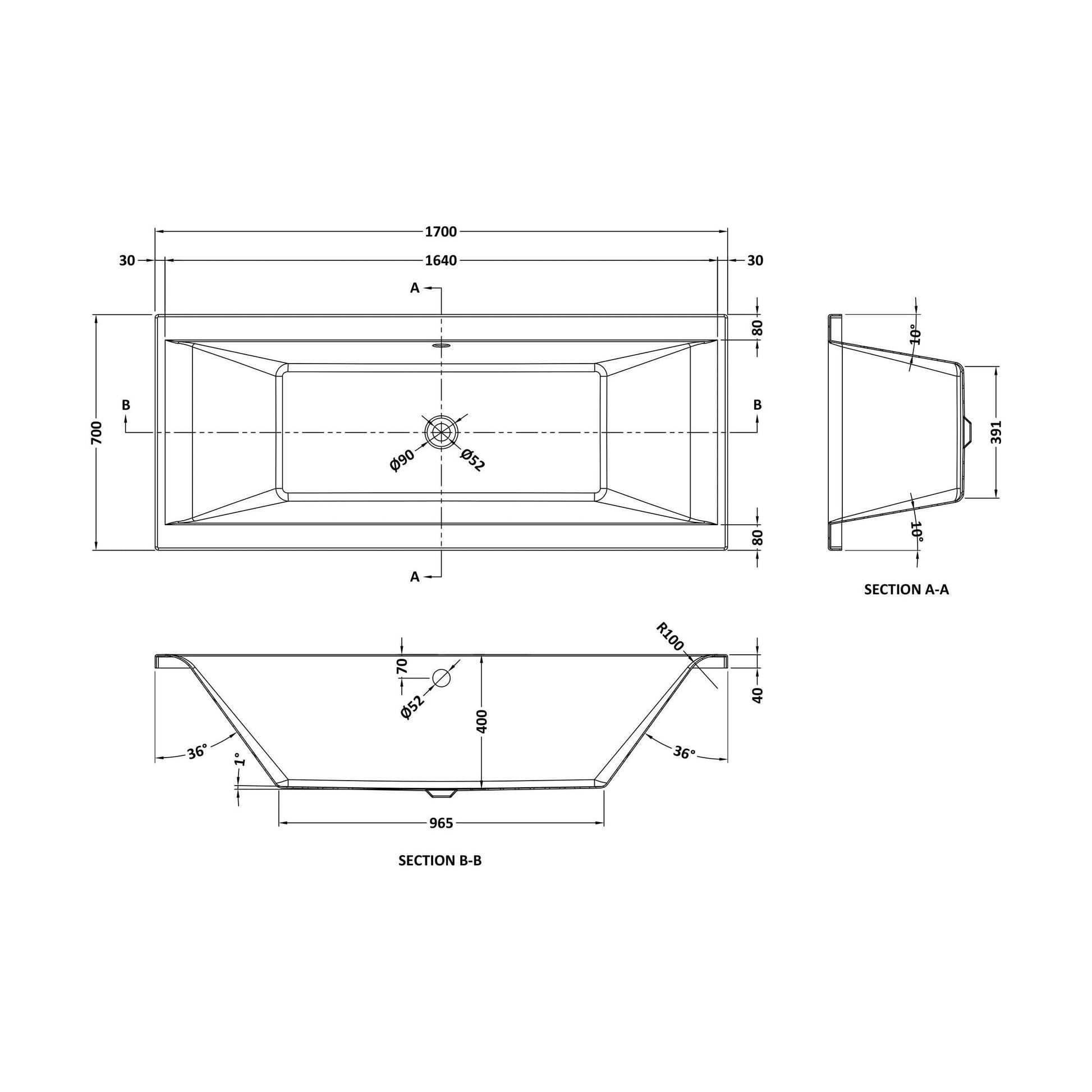 [BBDE209] Balterley Modern Double Ended Straight Shower Bath, 1700mm x 700mm (Tap, Waste and Panel Not Included) - White - Technical Drawing