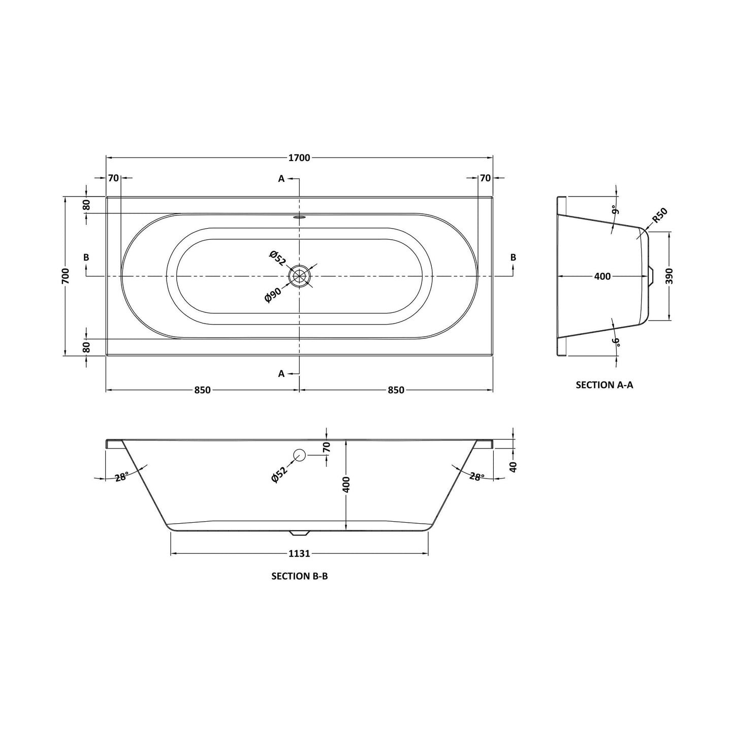 [BBDE509] Balterley Modern Double Ended Straight Shower Bath with Leg Set, 1700mm x 700mm (Tap, Waste and Panel Not Included) - White - Technical Drawing