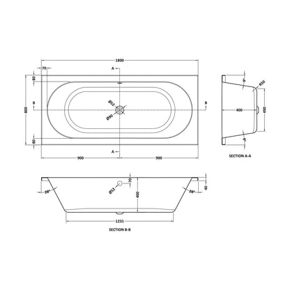 [BBDE514] Balterley Modern Double Ended Straight Shower Bath with Leg Set, 1700mm x 700mm (Tap, Waste and Panel Not Included) - White - Technical Drawing