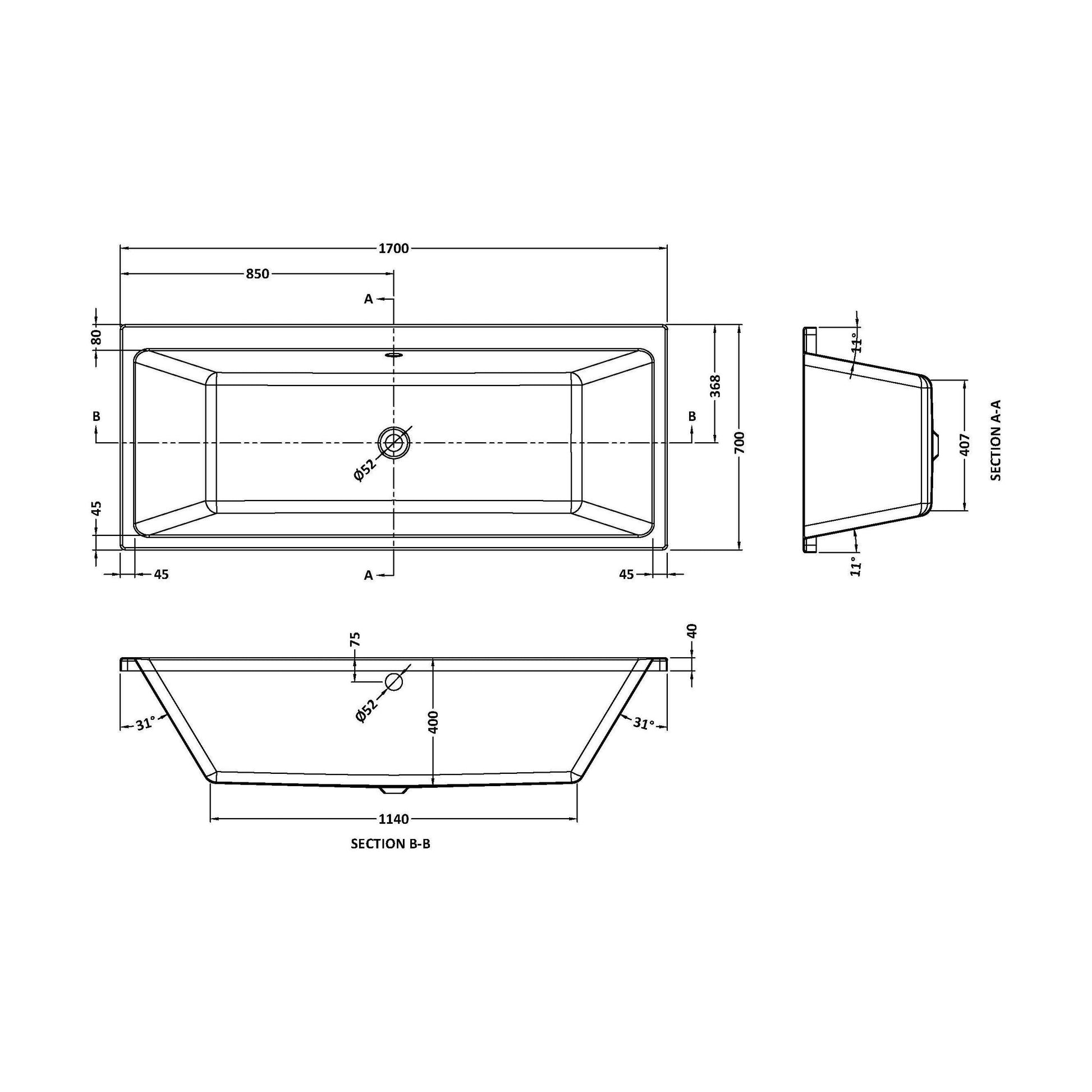 [BBDE909] Balterley Modern Square Thin Edge Double Ended Straight Shower Bath with Leg Set, 1700mm x 700mm - White - Technical Drawing