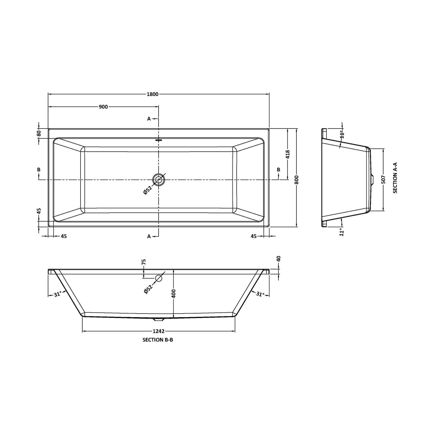 [BBDE914] Balterley Modern Square Thin Edge Double Ended Straight Shower Bath with Leg Set, 1800mm x 800mm - White - Technical Drawing