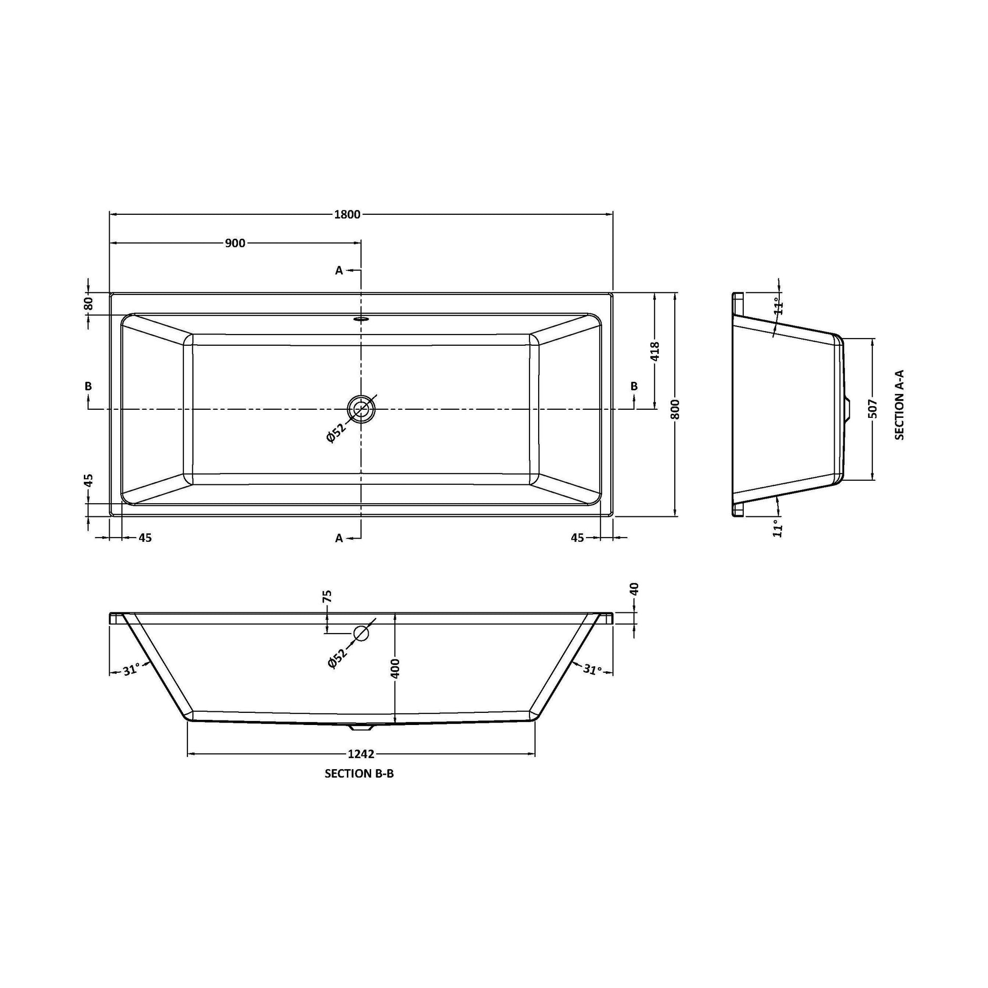 [BBDE914] Balterley Modern Square Thin Edge Double Ended Straight Shower Bath with Leg Set, 1800mm x 800mm - White - Technical Drawing