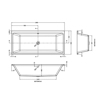 [BBDE914] Balterley Modern Square Thin Edge Double Ended Straight Shower Bath with Leg Set, 1800mm x 800mm - White - Technical Drawing