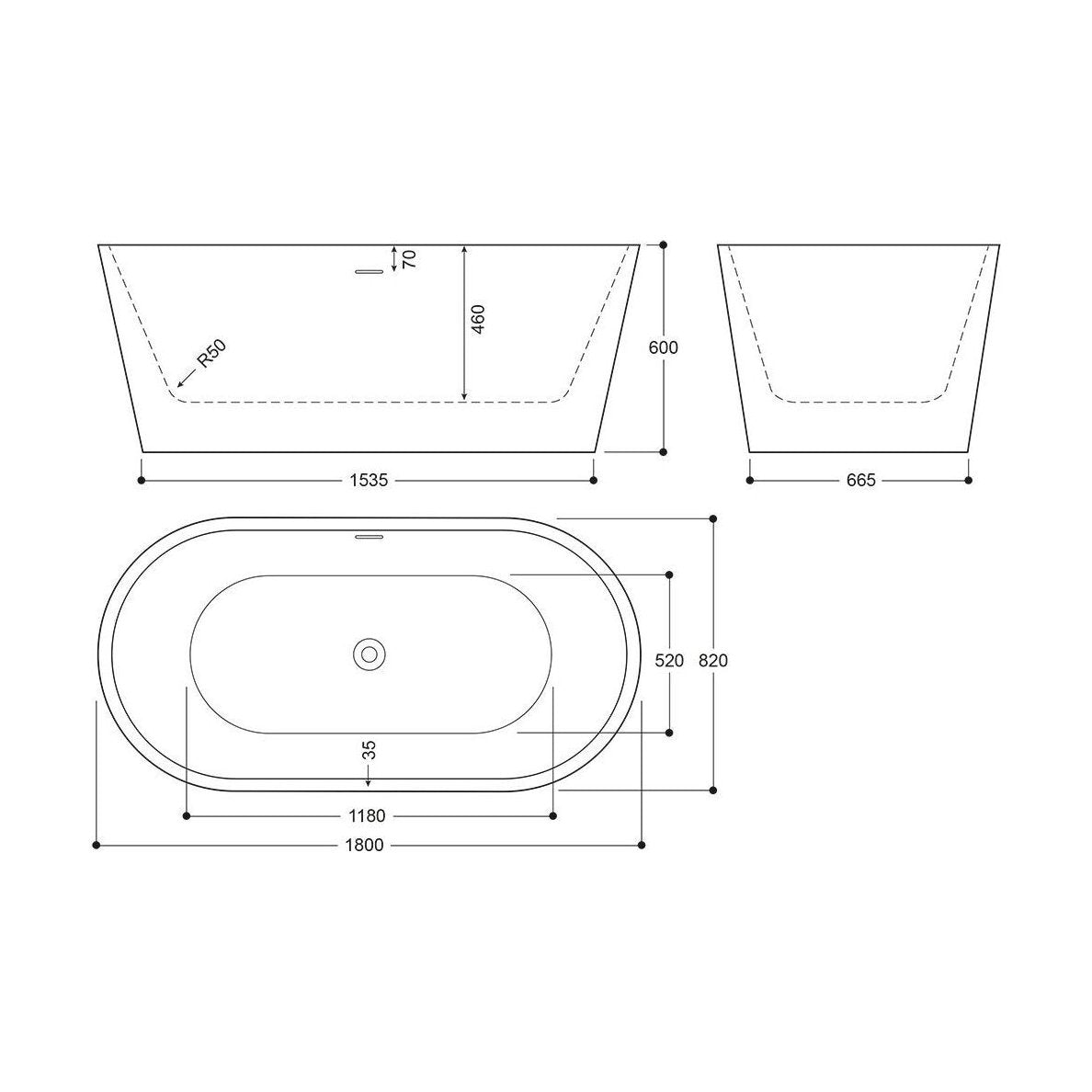 [BBEA101SV] Luxury Modern Freestanding Oval Bath - Choice of Finish & Size - Technical Drawing