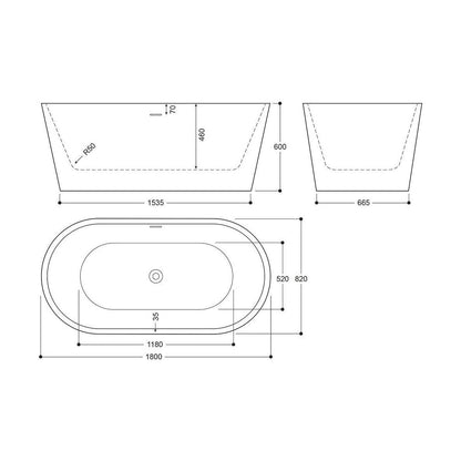 [BBEA101SV] Luxury Modern Freestanding Oval Bath - Choice of Finish & Size - Technical Drawing