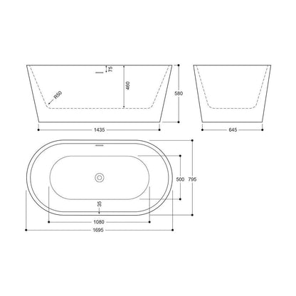[BBEA102SV] Luxury Modern Freestanding Oval Bath - Choice of Finish & Size - Technical Drawing