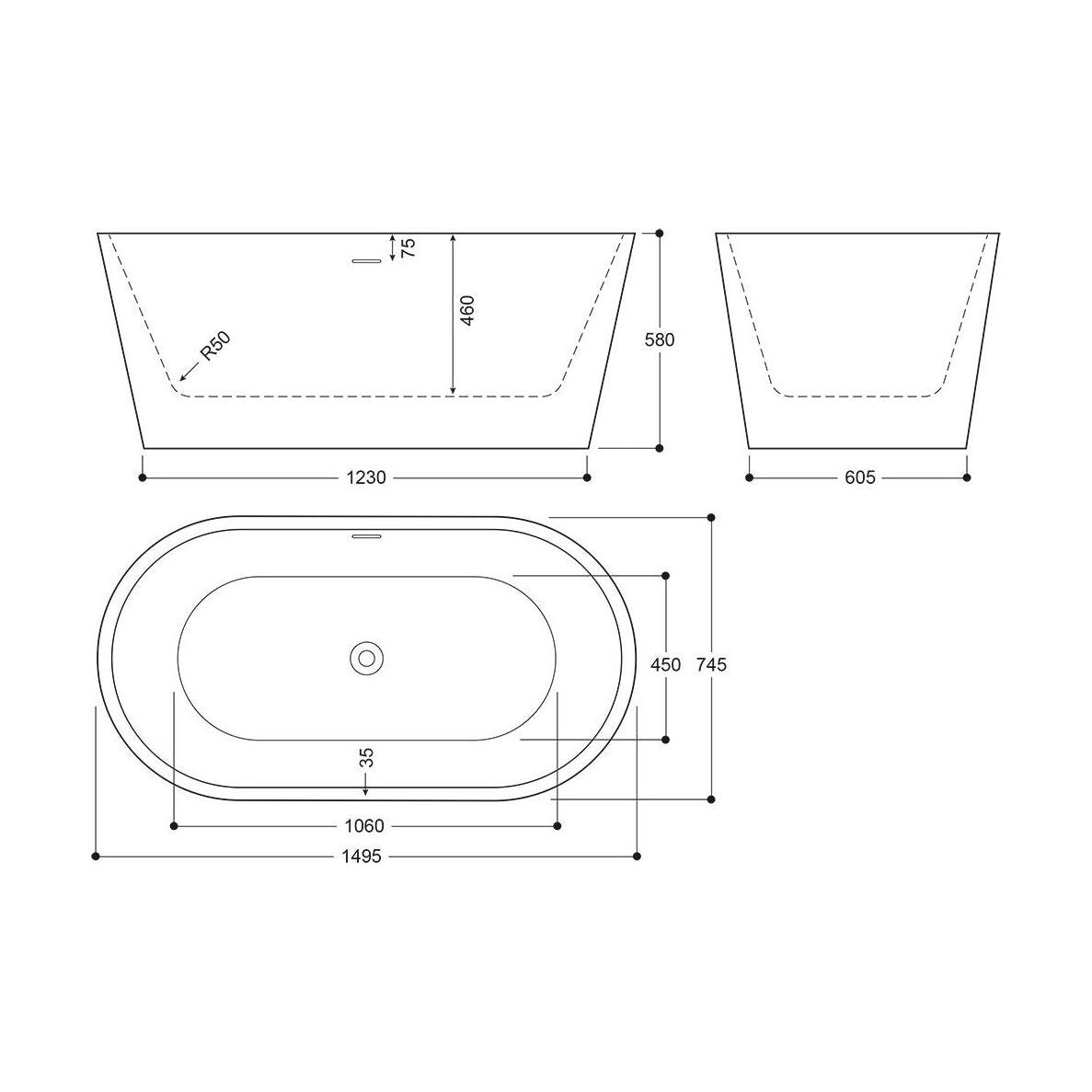 [BBEA103GO] Luxury Modern Freestanding Oval Bath - Choice of Finish & Size - Technical Drawing