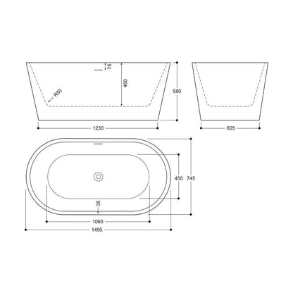 [BBEA103GO] Luxury Modern Freestanding Oval Bath - Choice of Finish & Size - Technical Drawing