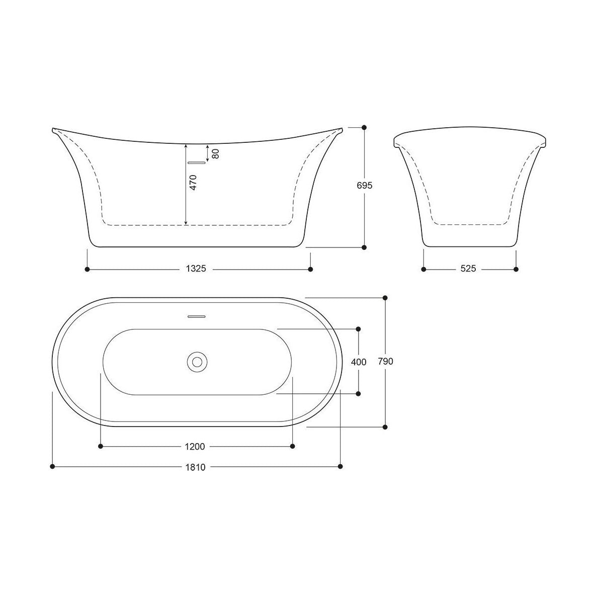 [BBEA104GO] Modern Bathroom Freestanding Bath, 1810 x 695 x 790mm, Gold - Technical Drawing