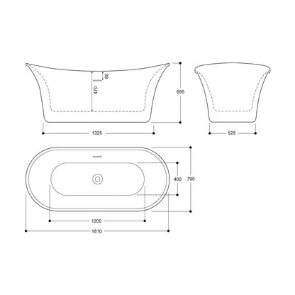 [BBEA104GO] Modern Bathroom Freestanding Bath, 1810 x 695 x 790mm, Gold - Technical Drawing