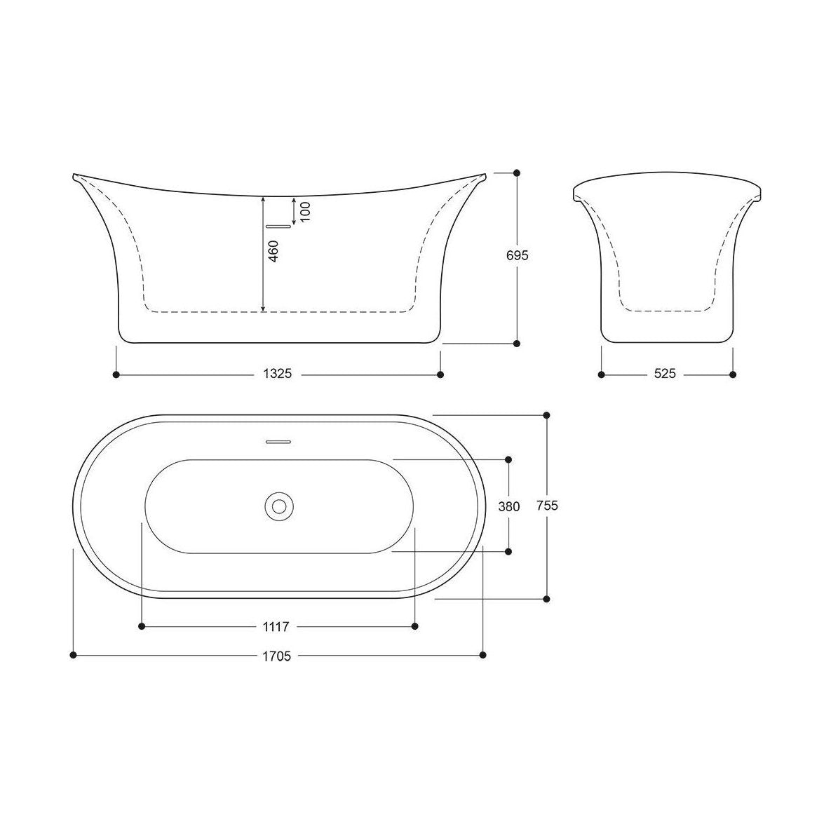 [BBEA105SV] Modern Bathroom Freestanding Bath, 1705 x 695 x 755mm, Silver - Technical Drawing