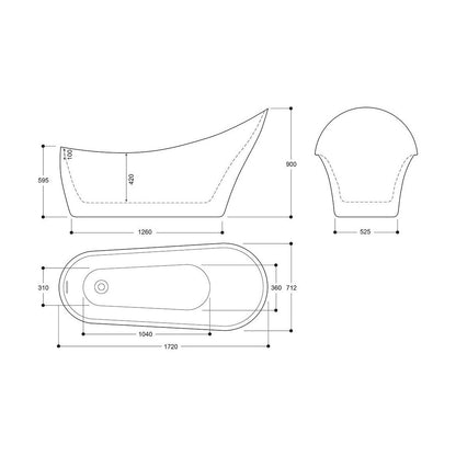 [BBEA106SV] Modern Bathroom Slipper Freestanding Bath, 1720 x 900 x 712mm, Silver - Technical Drawing