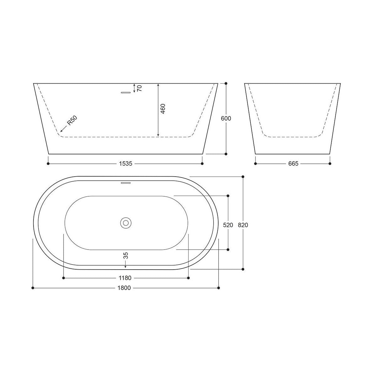 [BBFS101GO] Luxury Modern Freestanding Oval Bath - Choice of Finish & Size - Technical Drawing