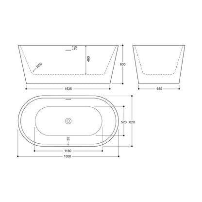 [BBFS101GO] Luxury Modern Freestanding Oval Bath - Choice of Finish & Size - Technical Drawing