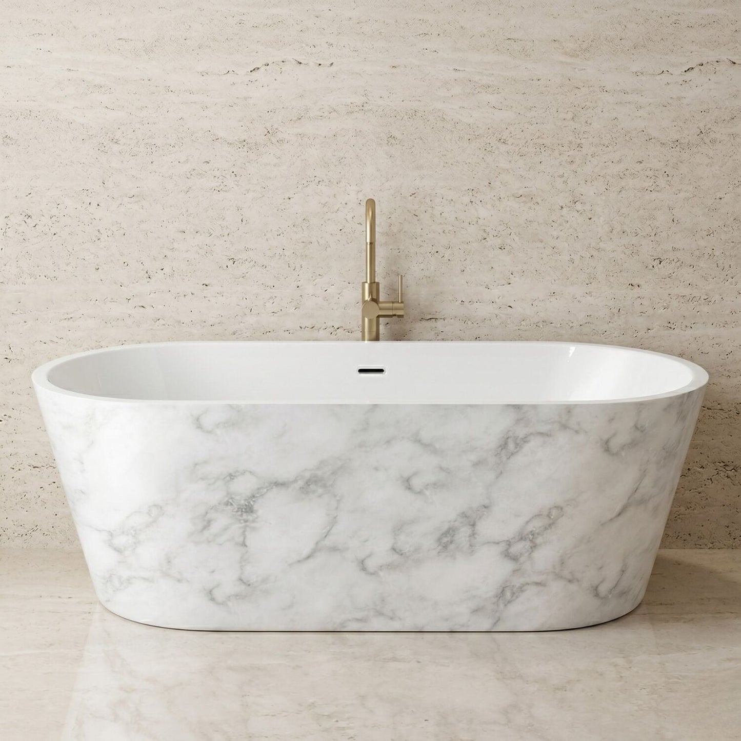 [BBFS102WM] Modern Oval Freestanding Double Ended Bath, White Marble Finish - Choice of Size - Silo