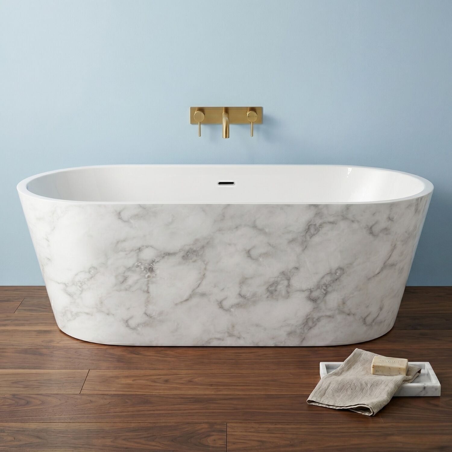 [BBFS103WM] Modern Oval Freestanding Double Ended Bath, White Marble Finish - Choice of Size - Silo