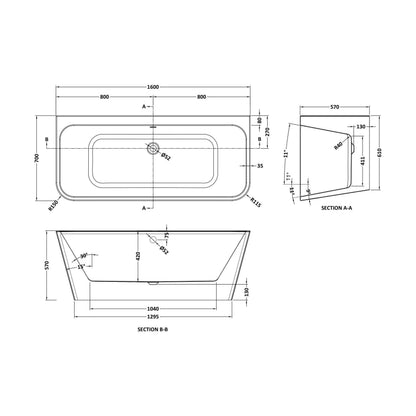 [BBFS107] Square BTW Freestanding Bath 1600x700x57 - Technical Drawing