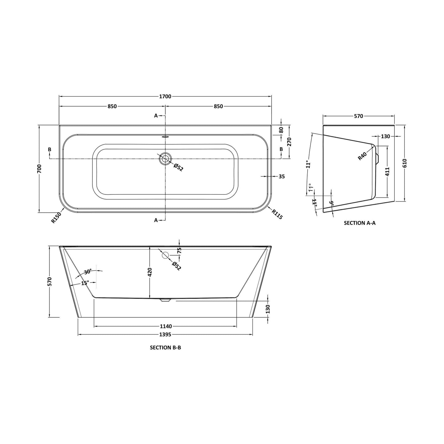 [BBFS108] Square BTW Freestanding Bath 1700x700x57 - Technical Drawing