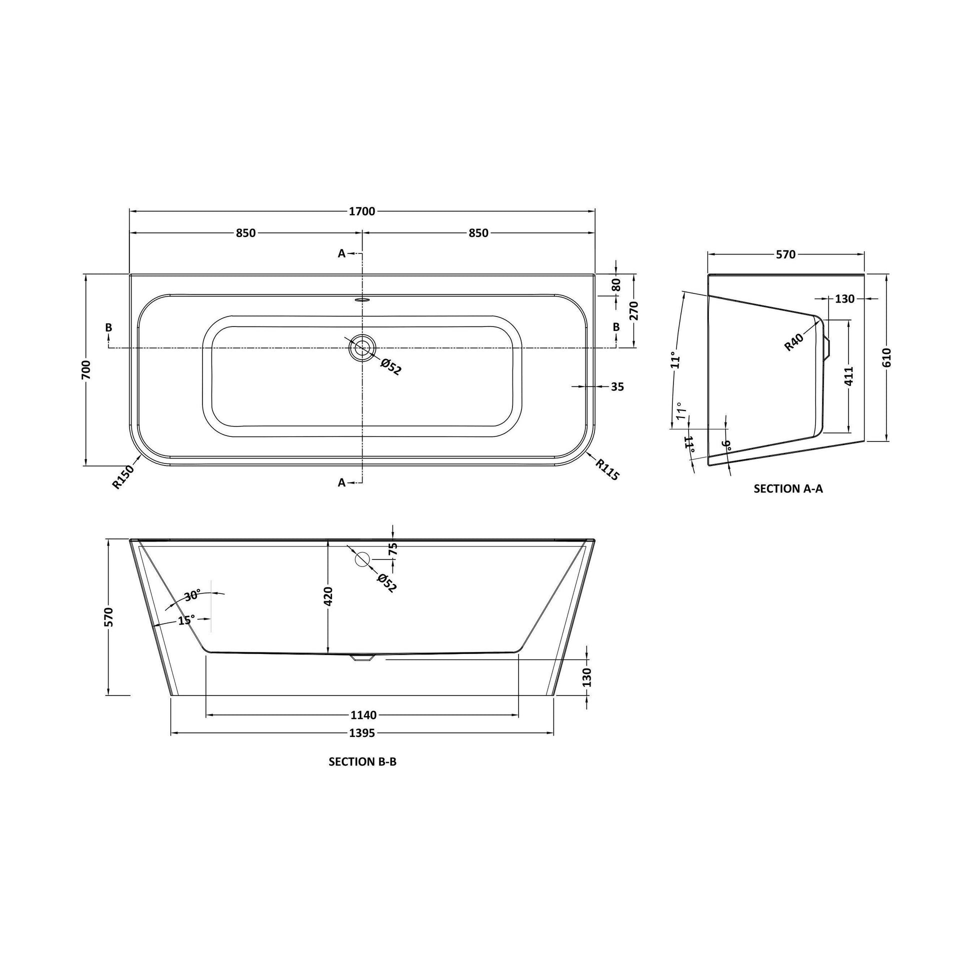 [BBFS108] Square BTW Freestanding Bath 1700x700x57 - Technical Drawing
