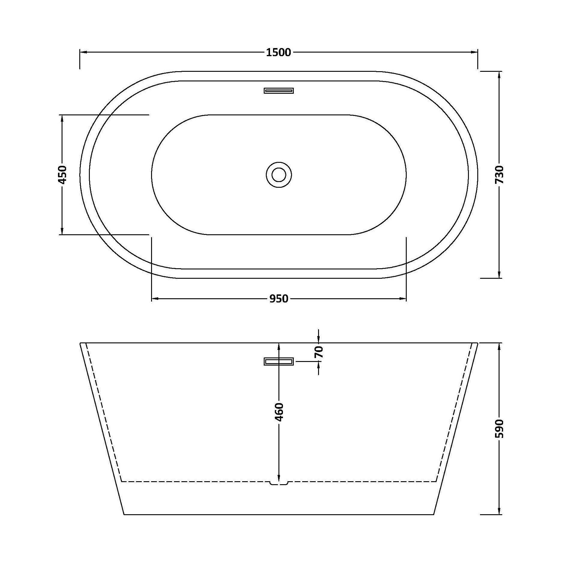 [BBFS150] Contemporary Oval Freestanding Double Ended Bath - Choice of Size - Technical Drawing