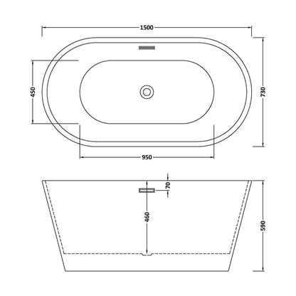 [BBFS150] Contemporary Oval Freestanding Double Ended Bath - Choice of Size - Technical Drawing