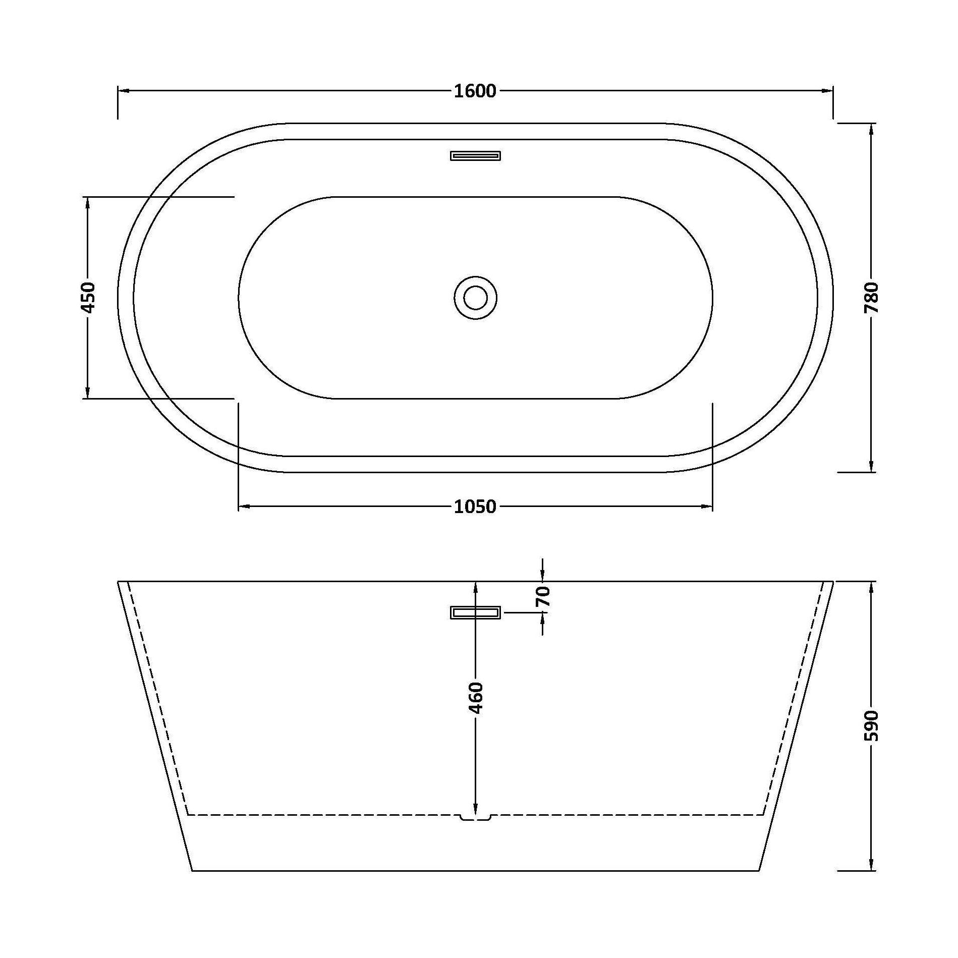 [BBFS151] Contemporary Oval Freestanding Double Ended Bath - Choice of Size - Technical Drawing