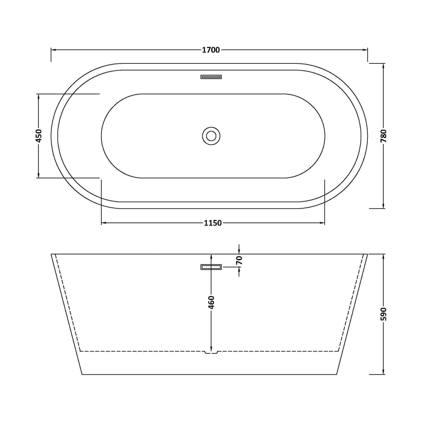 [BBFS152] Contemporary Oval Freestanding Double Ended Bath - Choice of Size - Technical Drawing
