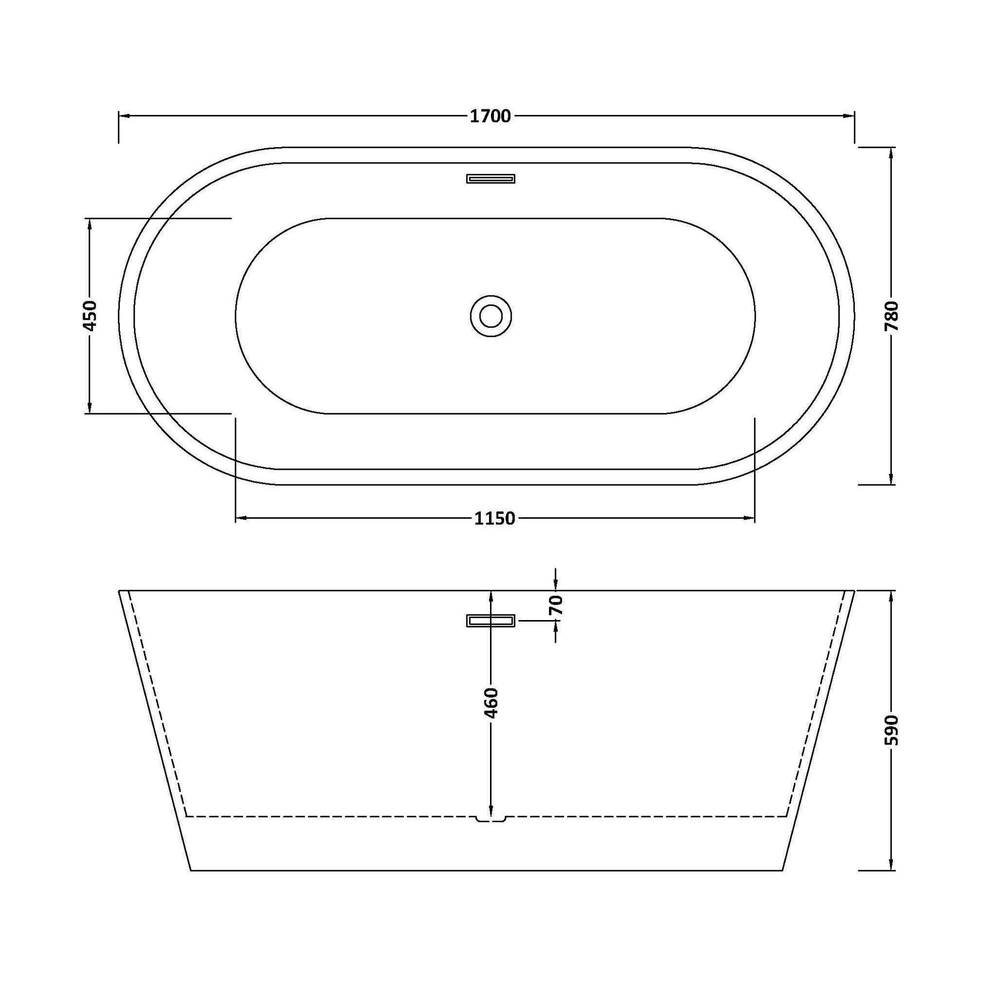 [BBFS152] Contemporary Oval Freestanding Double Ended Bath - Choice of Size - Technical Drawing