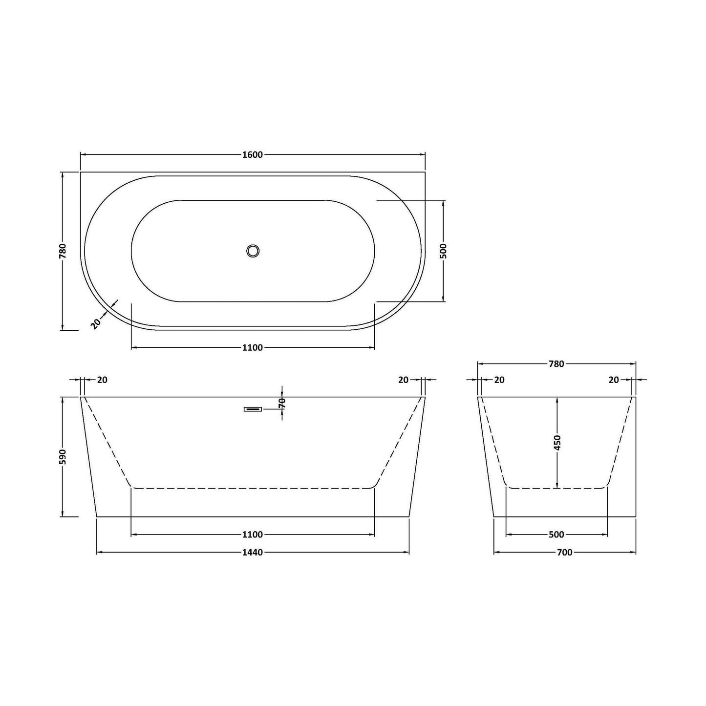 [BBFS154] Contemporary Back To Wall Freestanding Bath from Balterley - Modern Design in Multiple Sizes - Technical Drawing