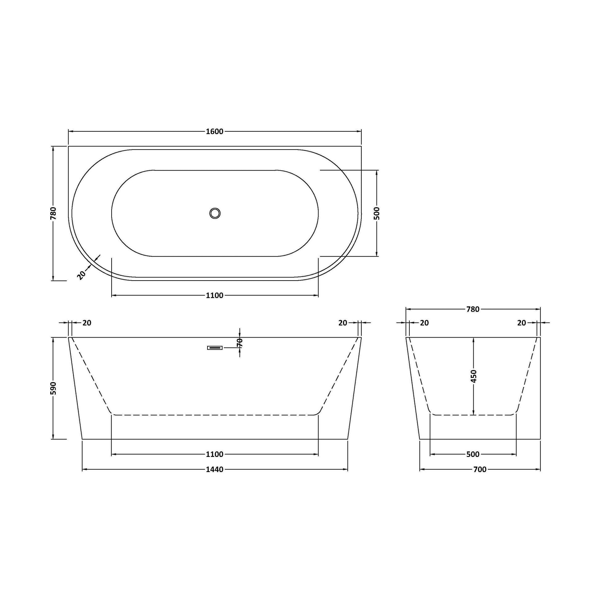 [BBFS154] Contemporary Back To Wall Freestanding Bath from Balterley - Modern Design in Multiple Sizes - Technical Drawing