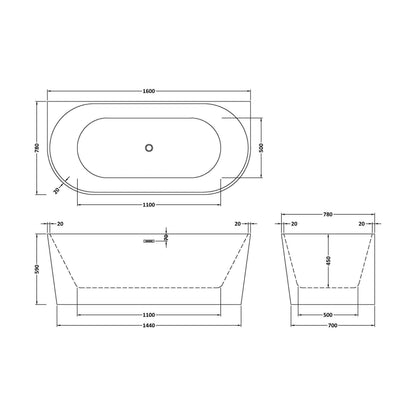 [BBFS154] Contemporary Back To Wall Freestanding Bath from Balterley - Modern Design in Multiple Sizes - Technical Drawing