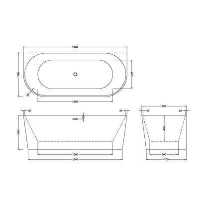 [BBFS155] Contemporary Back To Wall Freestanding Bath from Balterley - Modern Design in Multiple Sizes - Technical Drawing