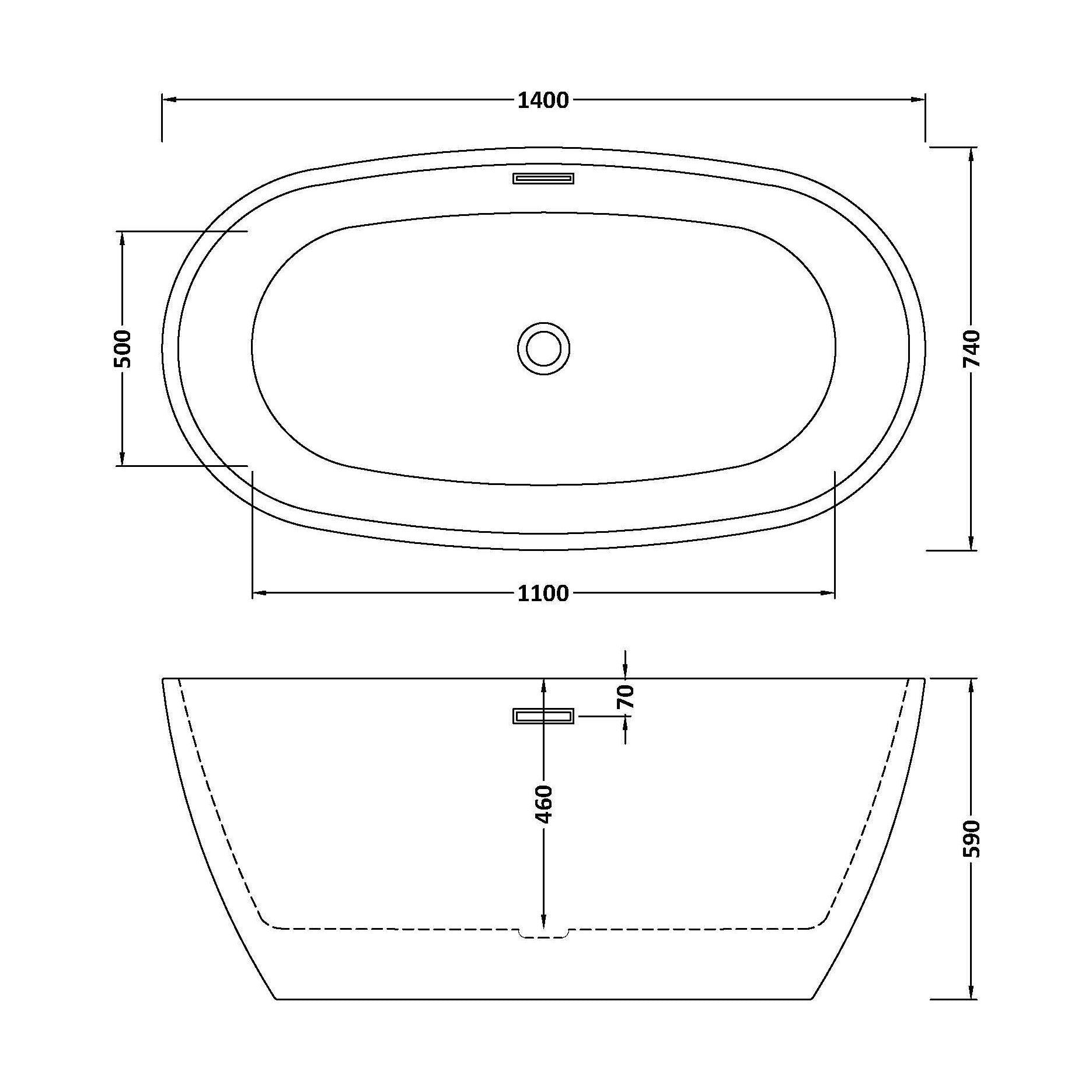 [BBFS156] Contemporary Oval Freestanding Bath with Waste, Double Ended - Choice of Size - Technical Drawing
