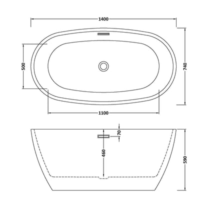 [BBFS156] Contemporary Oval Freestanding Bath with Waste, Double Ended - Choice of Size - Technical Drawing