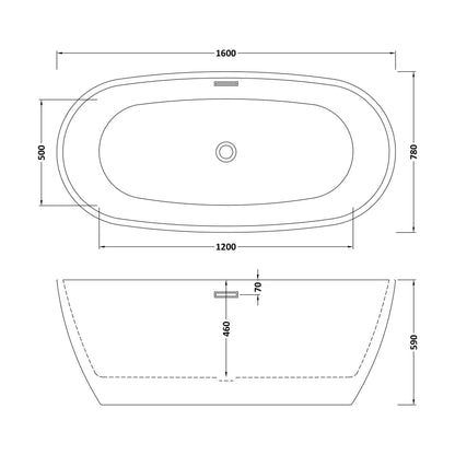 [BBFS157] Contemporary Oval Freestanding Bath with Waste, Double Ended - Choice of Size - Technical Drawing