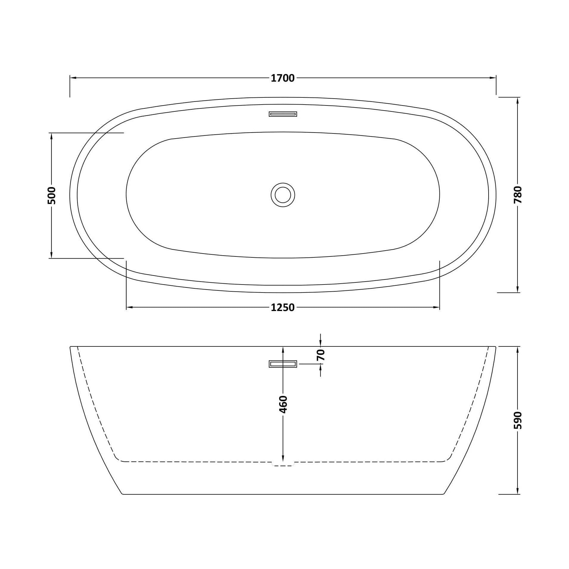 [BBFS158] Contemporary Oval Freestanding Bath with Waste, Double Ended - Choice of Size - Technical Drawing