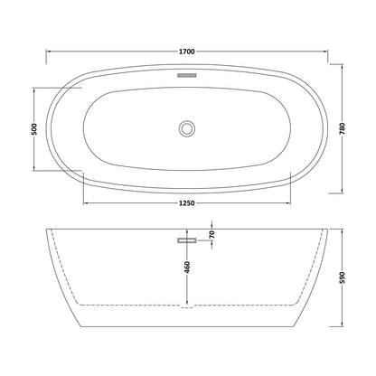 [BBFS158] Contemporary Oval Freestanding Bath with Waste, Double Ended - Choice of Size - Technical Drawing