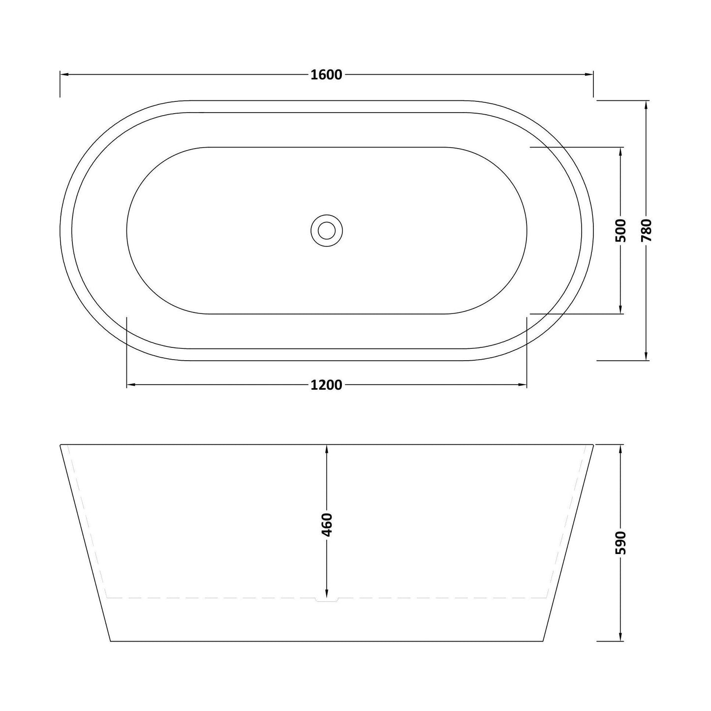 [BBFS160] Contemporary Rounded Rectangular Freestanding Bath with Waste - Choice of Size - Technical Drawing
