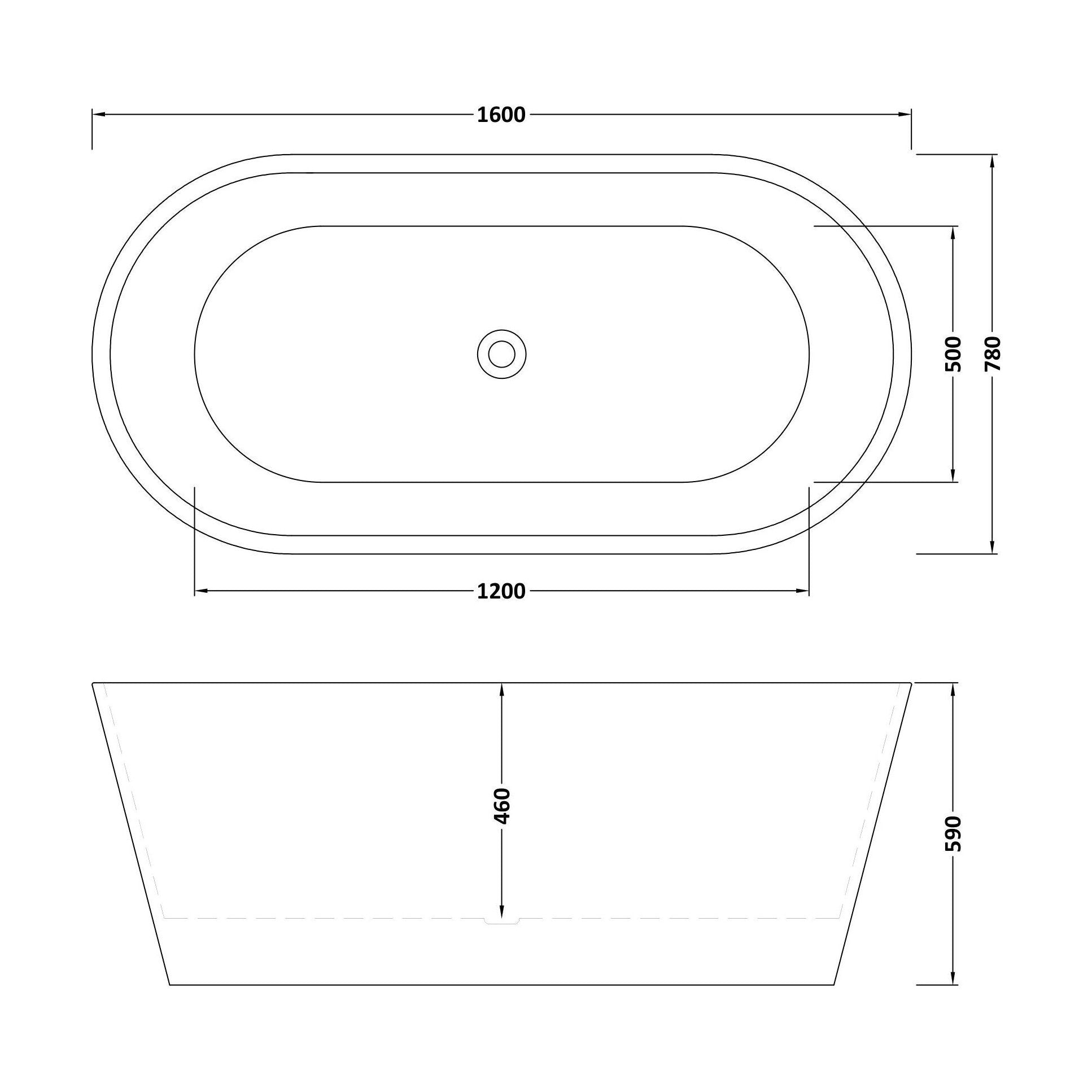 [BBFS160] Contemporary Rounded Rectangular Freestanding Bath with Waste - Choice of Size - Technical Drawing
