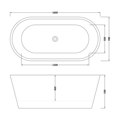 [BBFS160] Contemporary Rounded Rectangular Freestanding Bath with Waste - Choice of Size - Technical Drawing