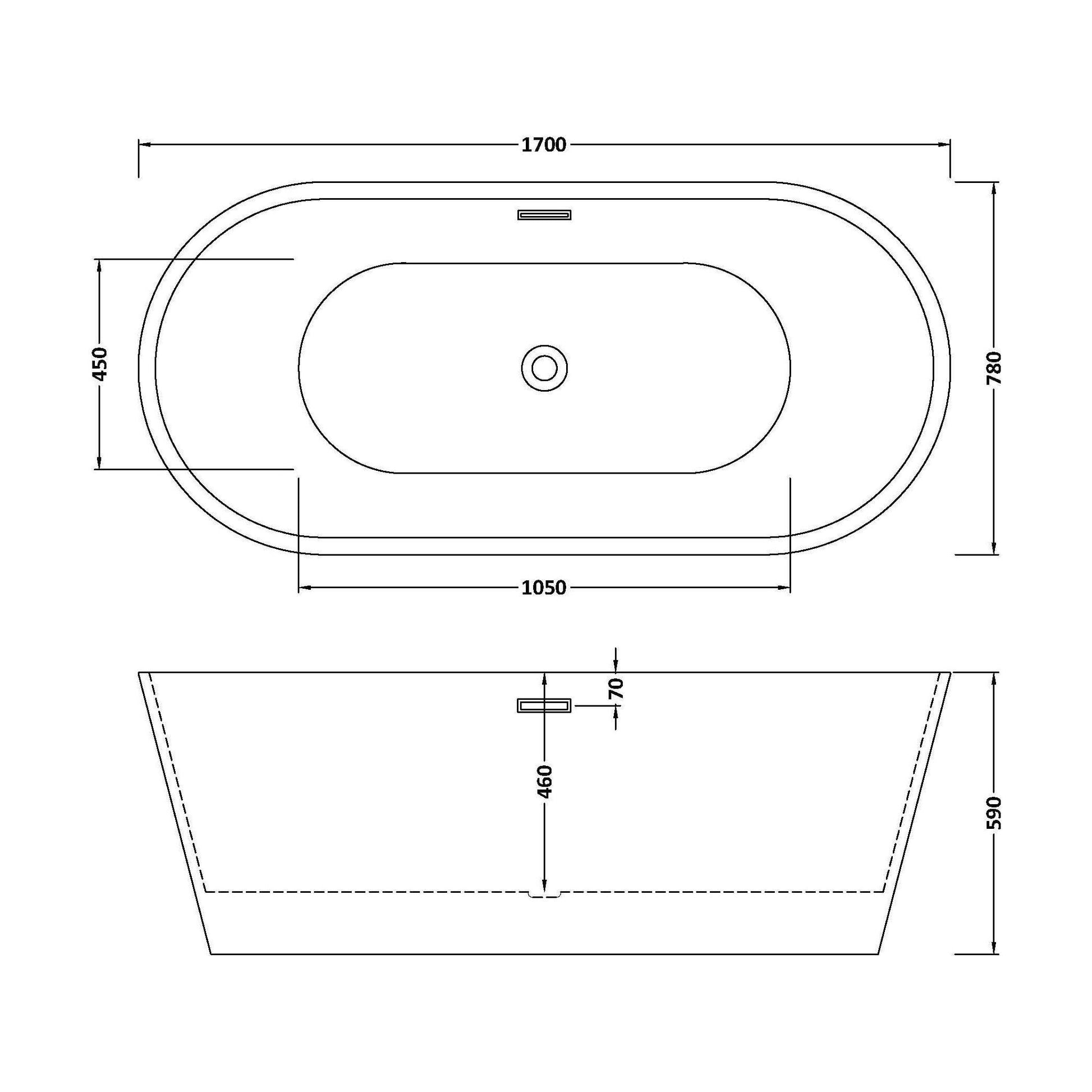 [BBFS161] Contemporary Rounded Rectangular Freestanding Bath with Waste - Choice of Size - Technical Drawing