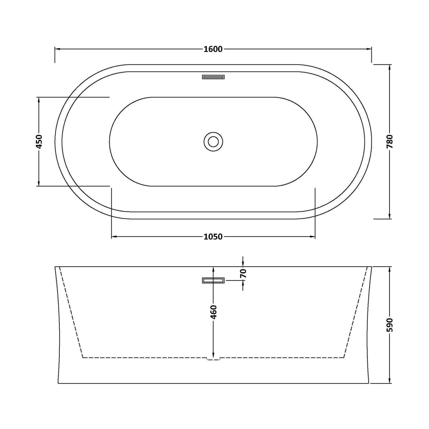[BBFS163] Contemporary White Curved Freestanding Bath - Choice of Size - Technical Drawing