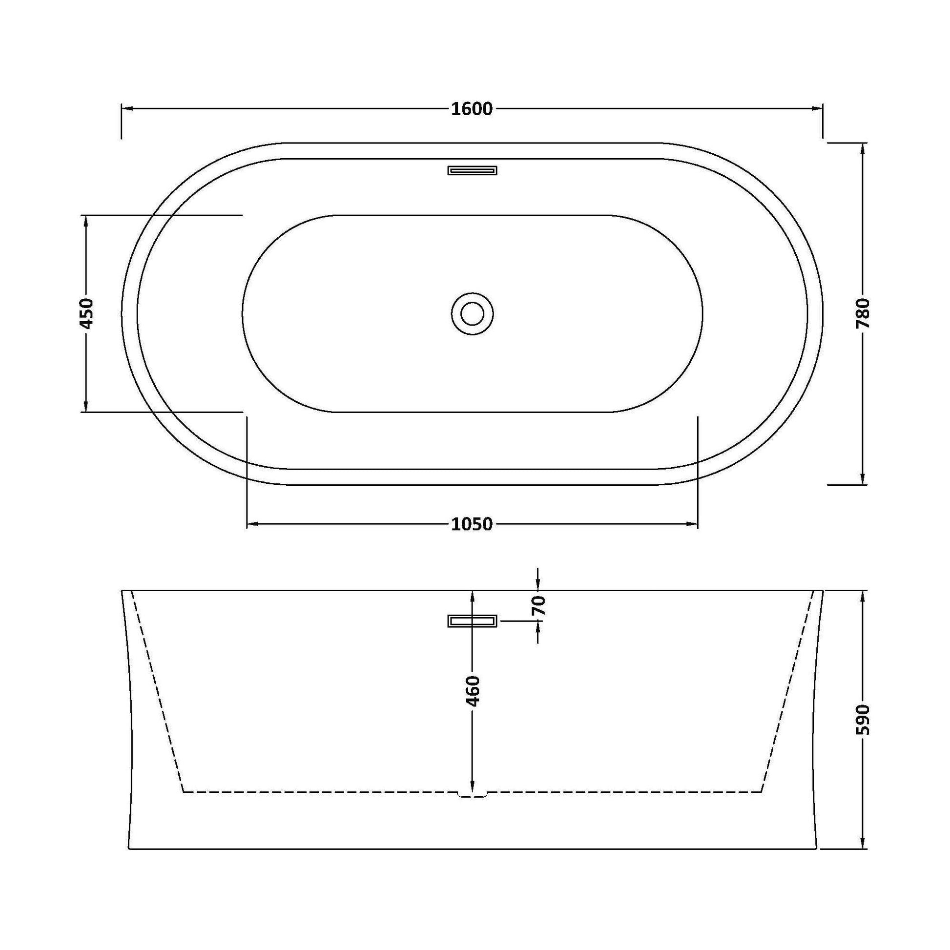 [BBFS163] Contemporary White Curved Freestanding Bath - Choice of Size - Technical Drawing