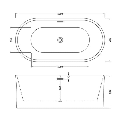 [BBFS163] Contemporary White Curved Freestanding Bath - Choice of Size - Technical Drawing